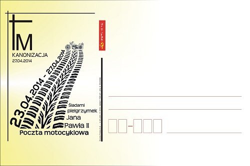 Motocykliści Poczty Polskiej jadą „Śladami pielgrzymek Jana Pawła II” wydarzenia, praca - W środę, 23 kwietnia, motocykliści Poczty Polskiej ruszyli w trasę śladami pielgrzymek Jana Pawła II. Wystartowali w Lublinie i po drodze do Warszawy odwiedzą Kraków, Częstochowę, Łódź, Licheń, Gniezno i Toruń. Inspiracją do zorganizowania poczty motocyklowej jest kanonizacja Jana Pawła II.