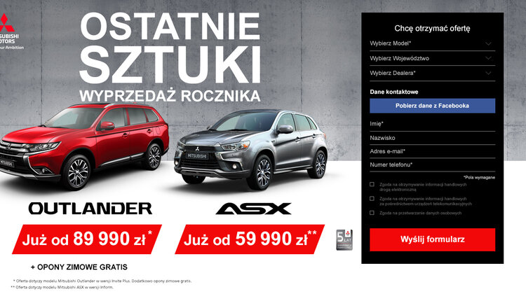 ASX od 59 990 zł, Outlander od 89 990 zł - ruszyła wyprzedaż w Mitsubishi transport, transport - W polskich salonach Mitsubishi Motors rozpoczęła się wyprzedaż modeli ASX, Outlander, Pajero i L200, wyprodukowanych w 2017 roku. Ceny modeli ASX i Outlander zaczynają się odpowiednio od 59 990 zł i 89 990 zł. Oferta dla przedsiębiorców daje im możliwość skorzystania ze zniżek aż do 22 500 zł przy zakupie modelu Mitsubishi Outlander z silnikiem Diesla. Dodatkowo wszyscy nabywcy modelu Outlander otrzymają w prezencie opony zimowe. Decydując się na Mitsubishi Pajero można liczyć na zniżkę w wysokości aż 30 000 zł. Nabywcy mają możliwość skorzystania z promocyjnych pakietów ubezpieczeniowych i kredytów oraz atrakcyjnego programu Business Contract.